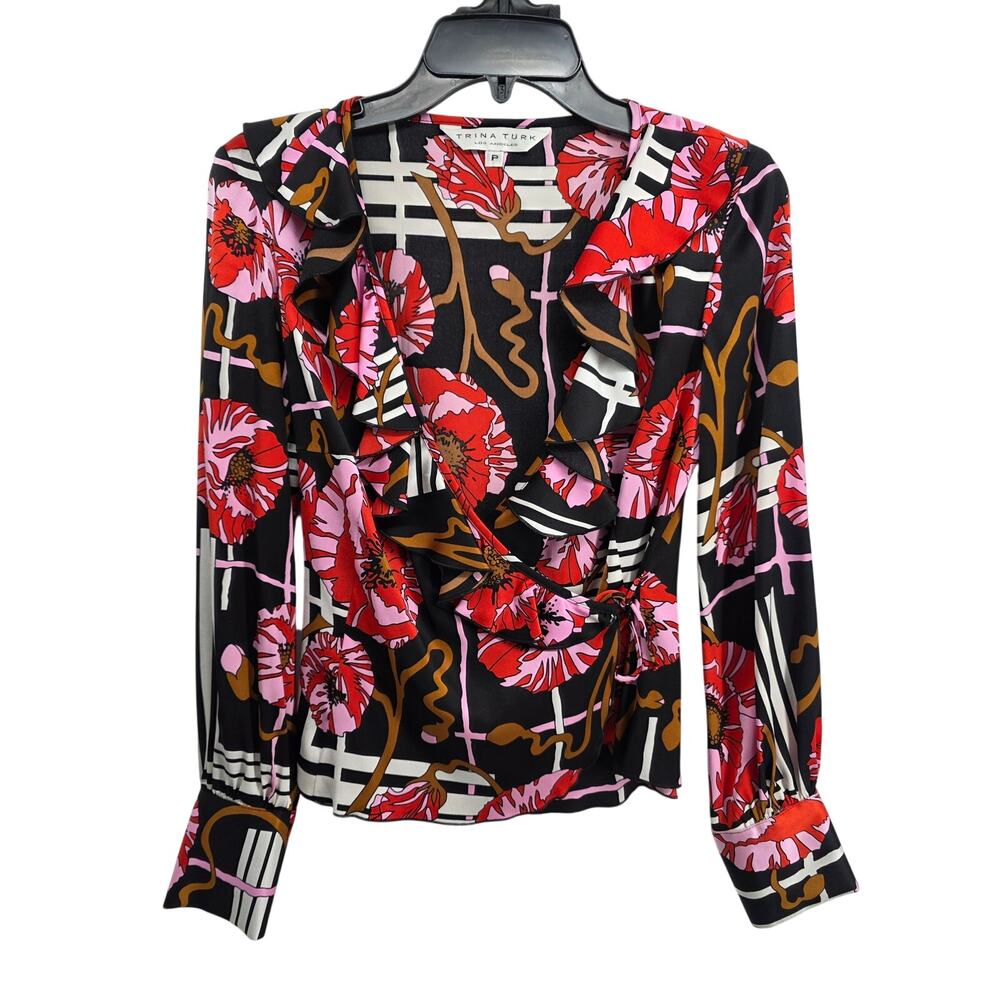 Trina Turk Floral Poppy Silk Blend Wrap Blouse Size P
